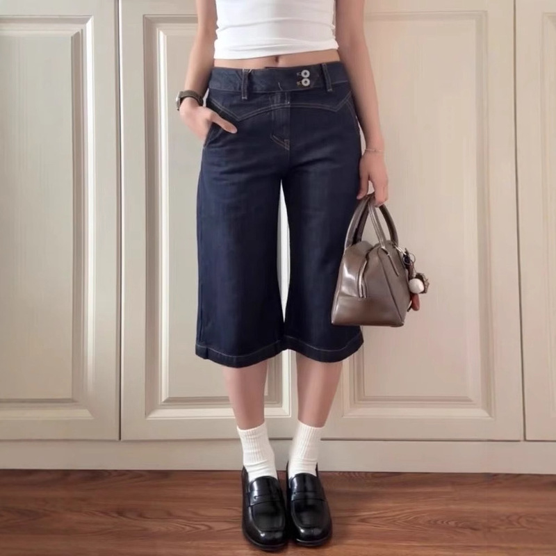 Plus Size American Retro Split Waist Straight Denim Mid-Length Shorts for Women 2025 Summer Personality Street Low-Waist Cropped Shorts