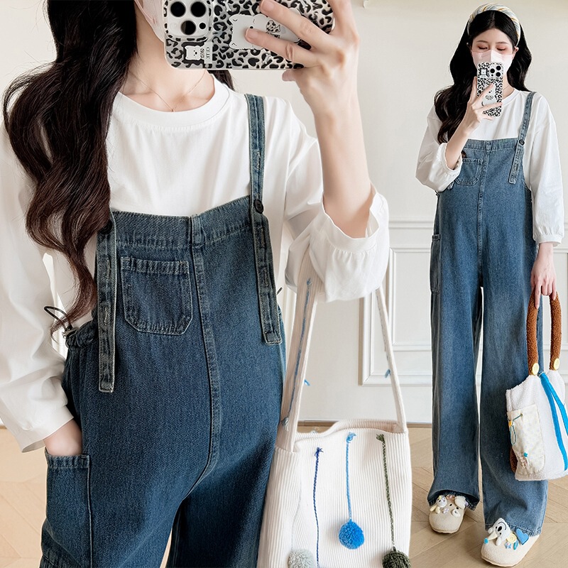 Postpartum Wearing Spring and Summer Soft Pregnant Women's Denim Strappy Pants Drawstring Bottoming Shirt Fashion Two-piece Suit Long Pants