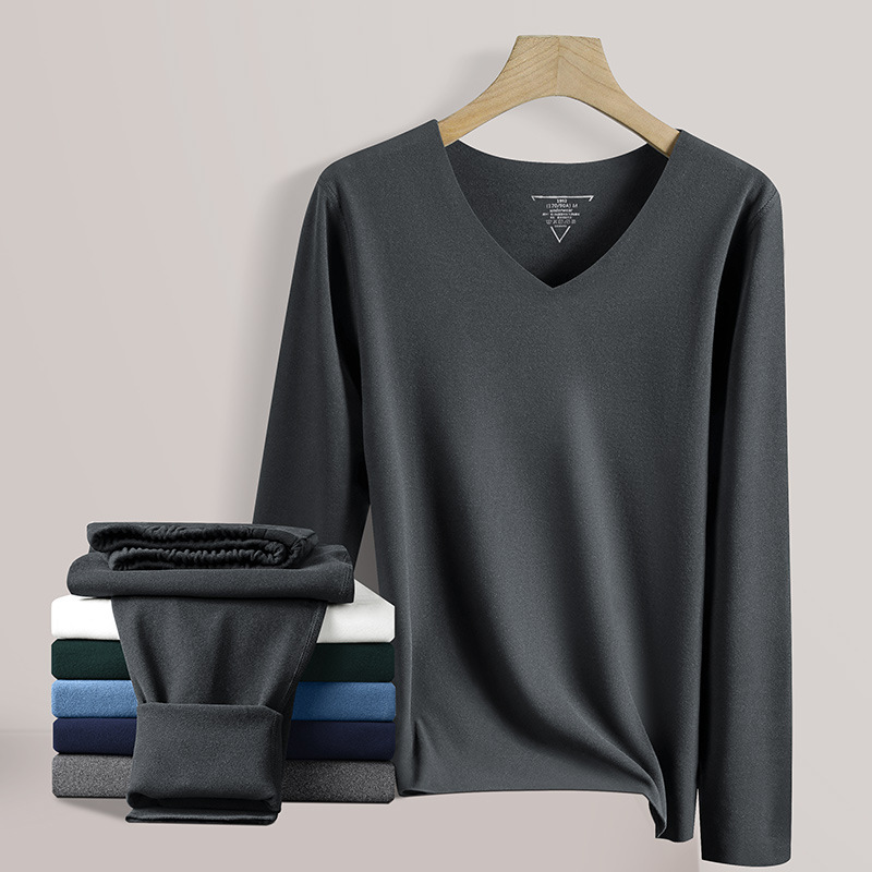 300g Seamless German Velvet Thermal Intimates Long-Sleeved T-Shirt Men's Autumn and Winter V-Neck Bottoming Shirt Fleece-Lined Autumn Clothing Suit for Men