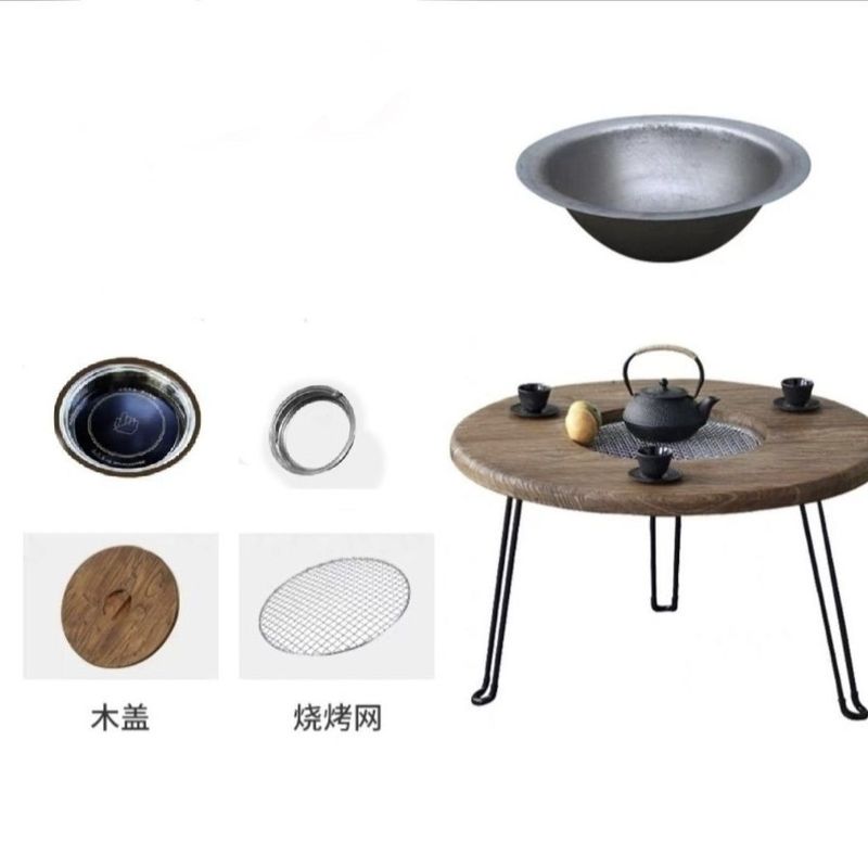 老榆木围炉煮茶桌可折叠实木茶几茶台桌椅组合室外烧烤火锅小圆桌|undefined