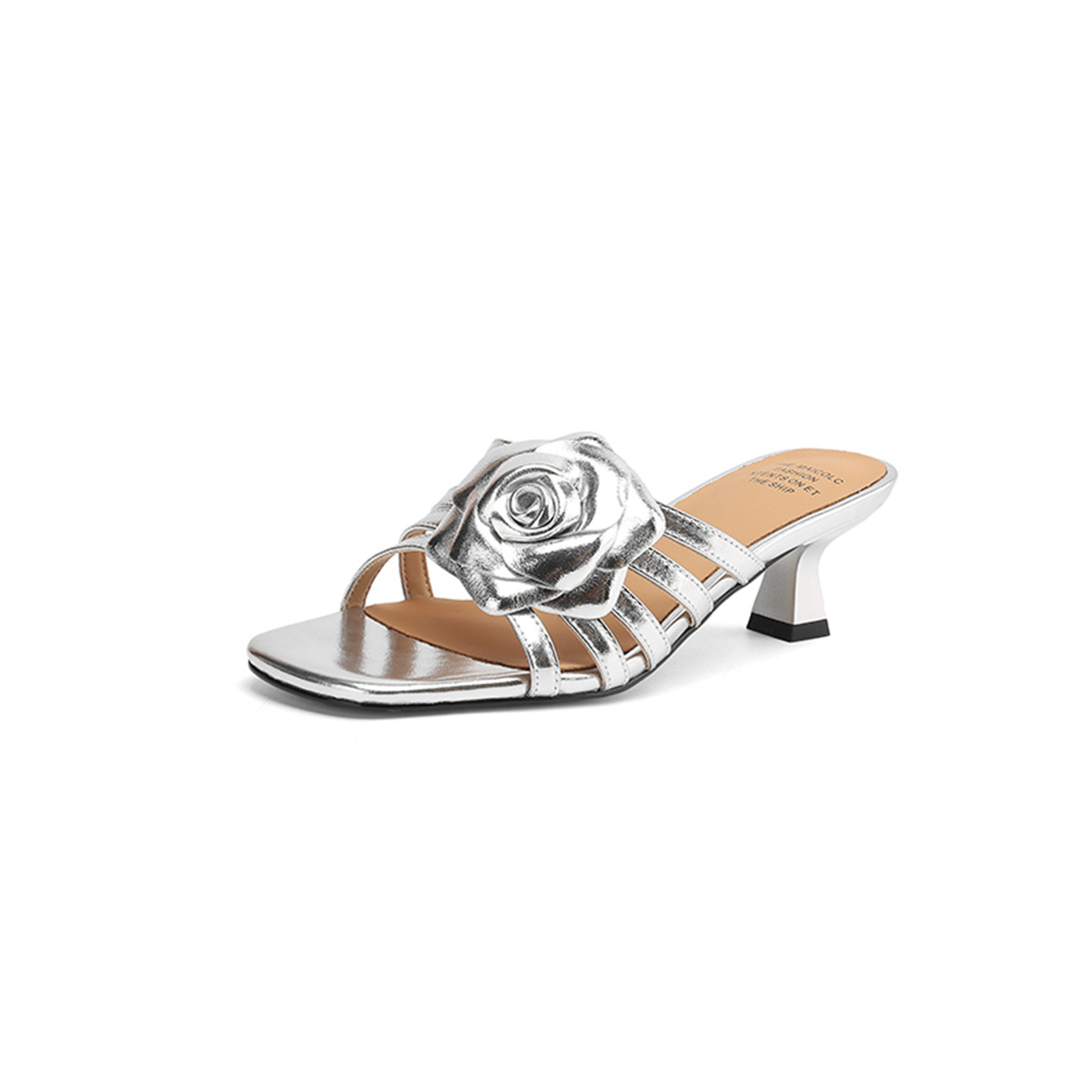Sandal nữ hở mũi quai chữ nhất gót 5 cm hoa sơn trà thanh lịch — Màu súng chi tiết 22