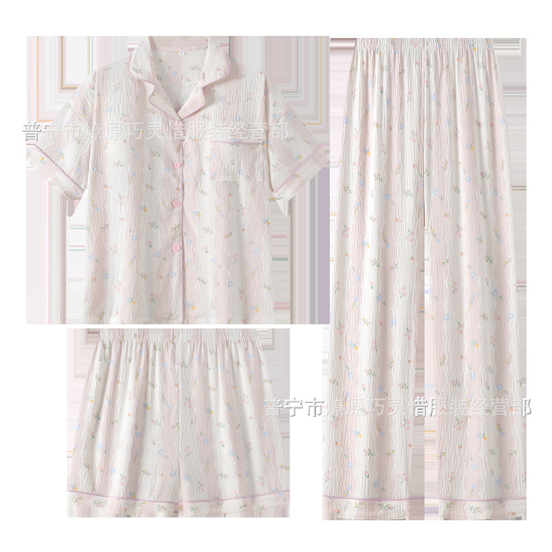 Hermosos pijamas de tela de rabu mujeres primavera y otoño verano nubes de algodón dulce mangas cortas pantalones cortos de tres piezas ropa para el hogar