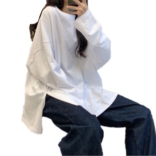 2022 Autumn Split Solid Color Long-sleeved T-shirt Women's Fashionable Base Shirt Korean Fashionable Students Outfit Loose Top