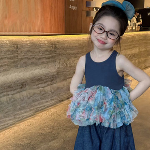 女童夏季新款2025無袖拼接蕾絲背心蓬蓬裙上衣韓版寬松牛仔闊腿褲