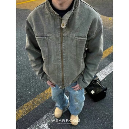 跨境美式复古哈灵顿牛仔夹克外套男春秋季cleanfit廓形工装上衣棒