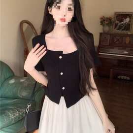 赫本风短袖连衣裙女夏季大码胖MM假两件收腰小黑裙显瘦垂感长裙子