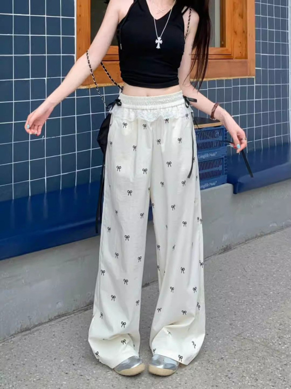 スイートガールレーススプライシングカジュアルパンツボウタイパンツ女性の夏のルーズ弾性ウエストワイドレッグパンツストレートパンツ|undefined