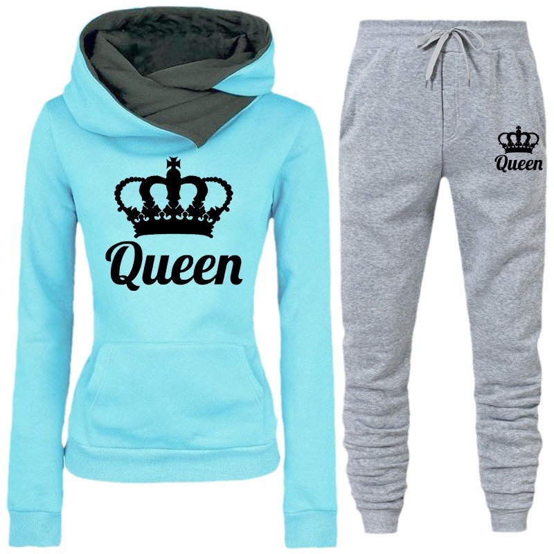 Spring And Autumn Women's Sweatshirt Two-Piece QUEEN Print Tracksuit Hoodie Jogging Set Sports Pants_voghion.com