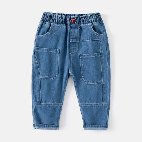 Mid-waist blue spliced ​​pocket boys' denim trousers Spring casual outdoor soft cotton denim trousers