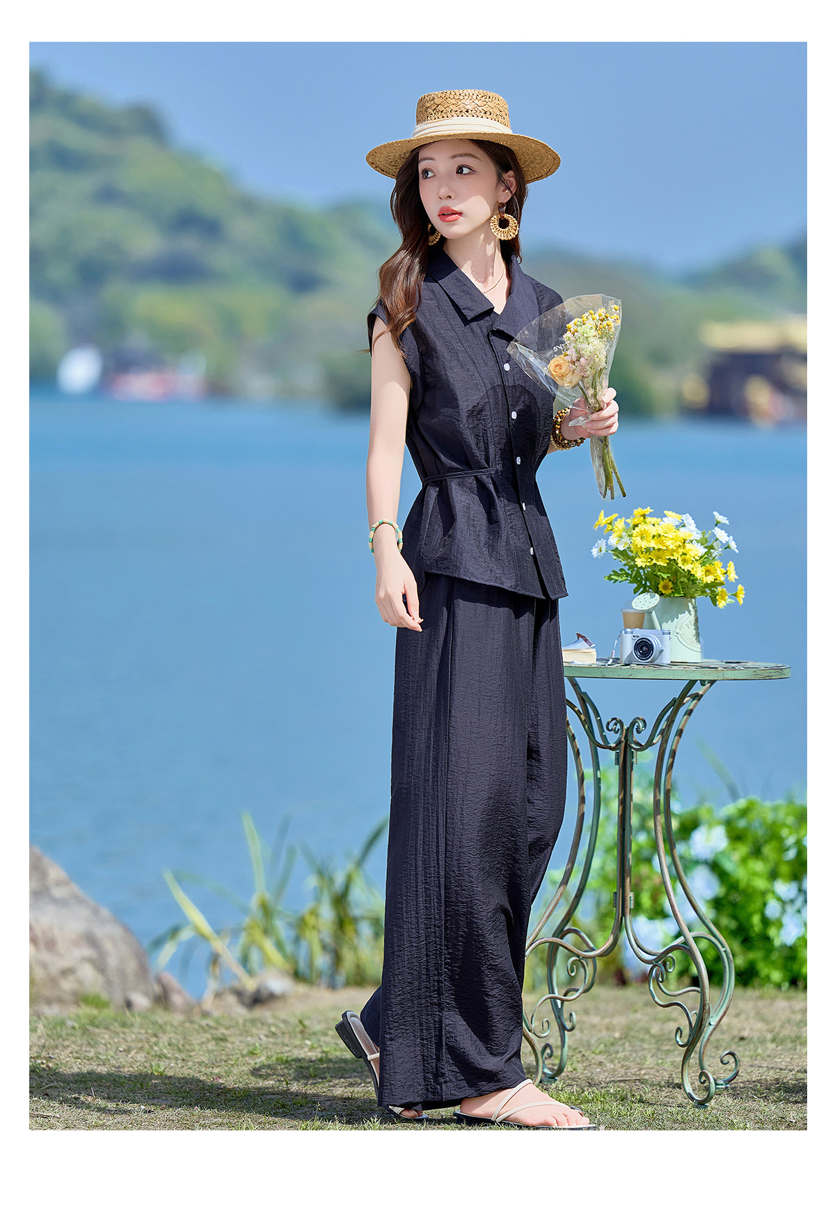 Bộ hai mảnh sơ mi phối quần ống rộng phong cách Pháp cổ điển, thiết kế thanh lịch, tôn dáng — Xanh lông mòng đen, màu xám chi tiết 15