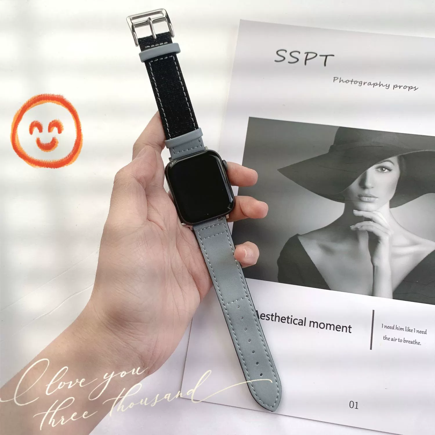 Совместимый ремешок Apple Watch из денима, вставка кожа iWatch567 дышащий холст ремешок AppleWatch8se