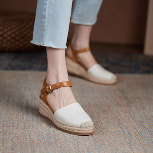 Women's Full Leather Shoes Woven Thick Sole Round Toe Buckle Rear Empty Shoes Cowhide Korean Style Retro Lightweight Wedge Toe Sandals