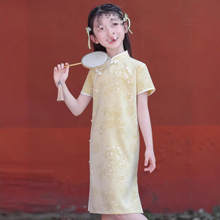 Yellow Girls' Cheongsam 2025 New Summer Chinese Style Dress for Exams, Little Girl Children's Fashionable Princess Dress