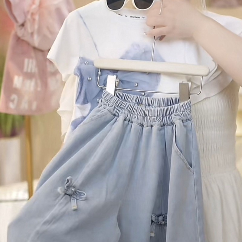 2025夏季女童立体蝴蝶结圆领纯色短袖是时尚百搭蝴蝶结裙裤两耐用|undefined