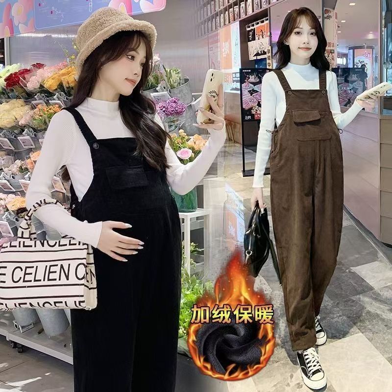 Maternity Overalls Set Spring and Autumn Fashion New Style Fleece-Lined Maternity Pants Sweater Loose Plus Size Maternity Wear Casual Pants