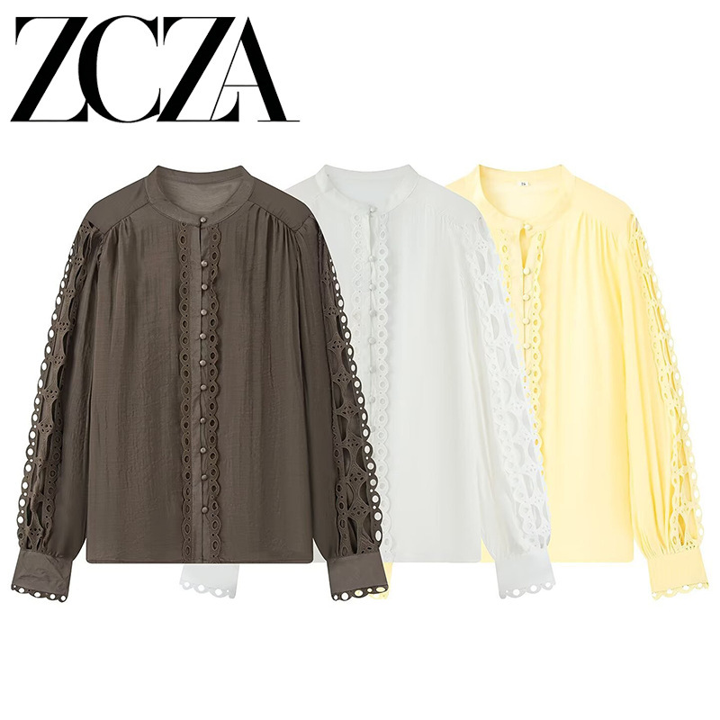 Zcza Self-Made European and American Style New Women's Fashion Versatile Lace-Trimmed Shirt Top for Cross-Border Trade