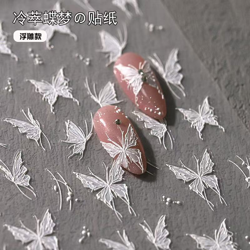 White relief butterfly nail stickers wholesale three-dimensional adhesive high-level feeling fairy gas liquid butterfly nail stickers decoration