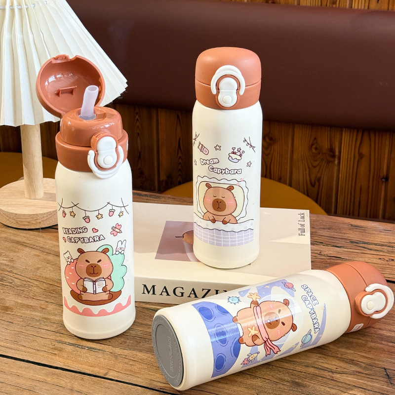 可爱卡通水豚316不锈钢真空保温保冷水杯 外出随身便携一盖双饮杯