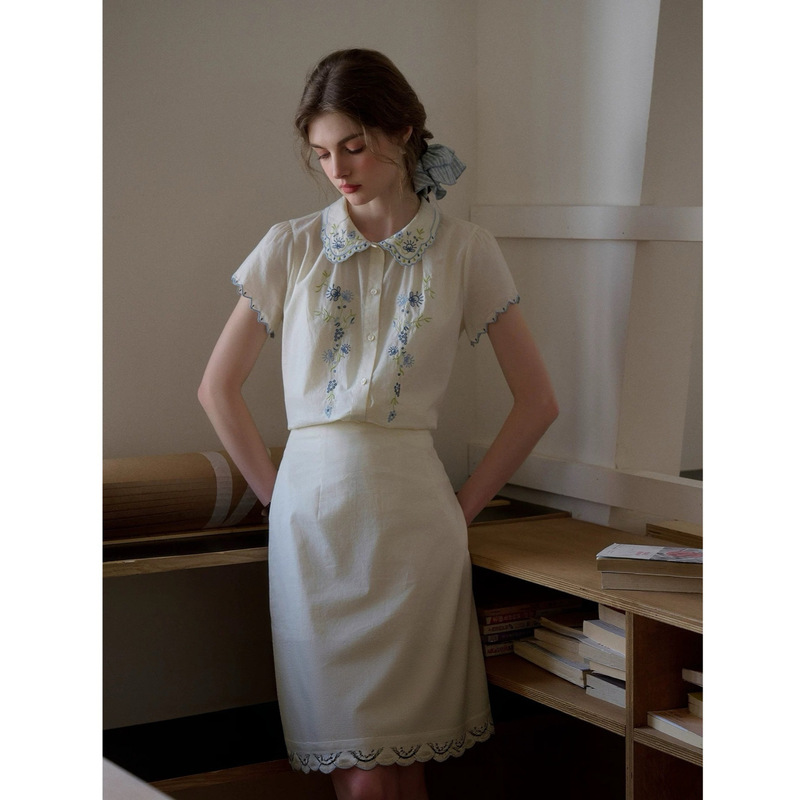 Simpleretro Lily of the Valley Floral Mirror Print Fine-Spun 60-Count Cotton French Doll Collar Colorful Embroidered Edge Dress Set