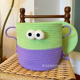 小型编织储物篮带盖子篮玩具收纳篮棉绳积木杂物收纳筐家居整理