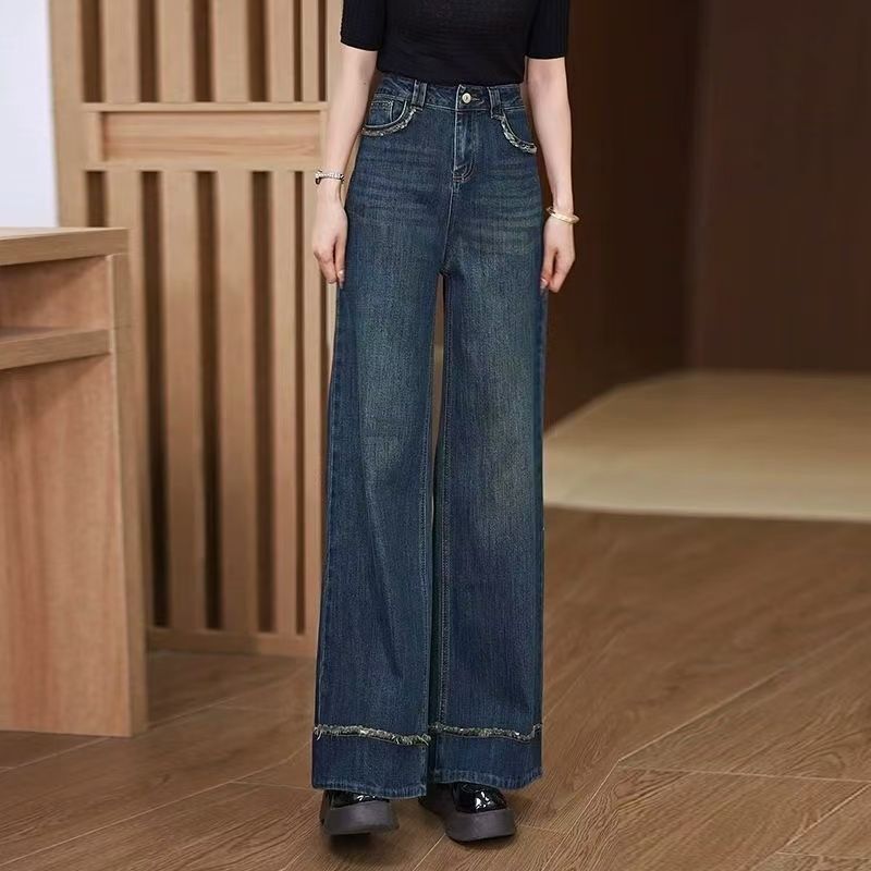 复古深蓝色直筒牛仔裤女2025年春秋季新款高腰宽松垂感毛边阔腿裤|undefined