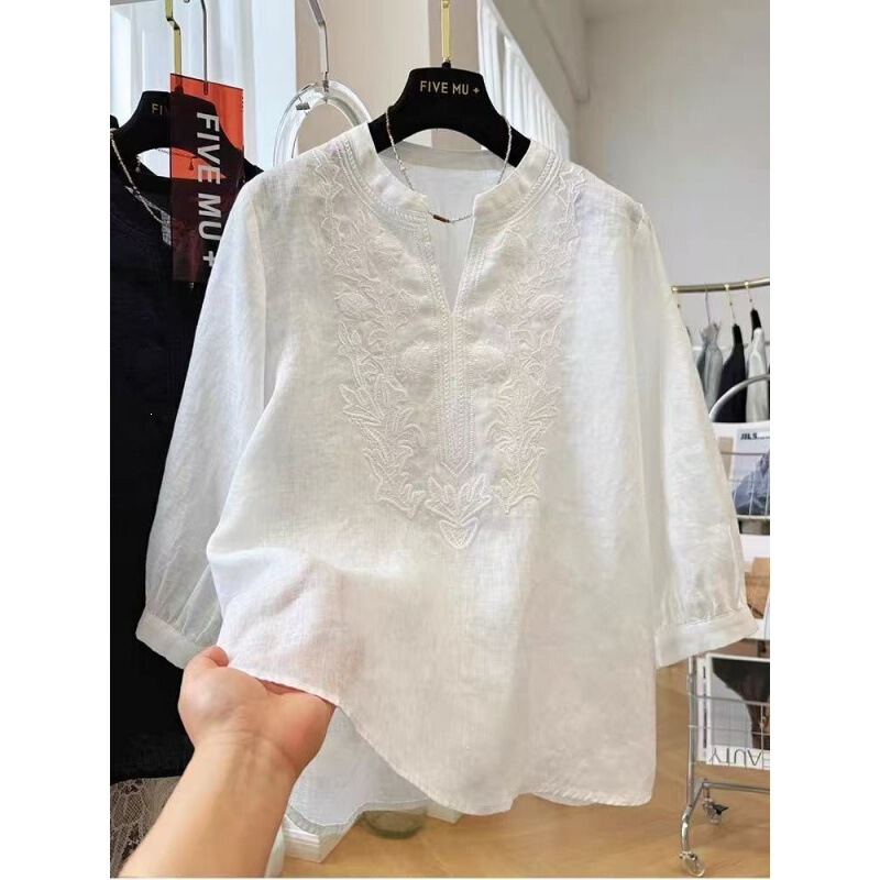 Linen Heavy-Duty Embroidered Three-Quarter Sleeve Shirt for Women, Summer Thin French-Style Blouse, Super Stylish Top