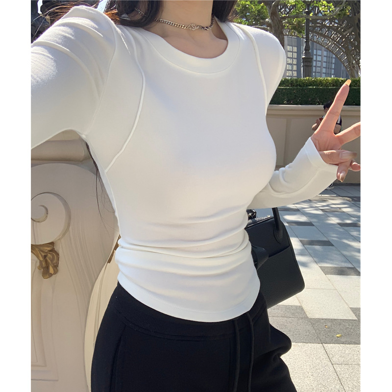 【厂家直销】秋冬正肩新款保暖德绒长袖内搭打底衫设计感修身上衣