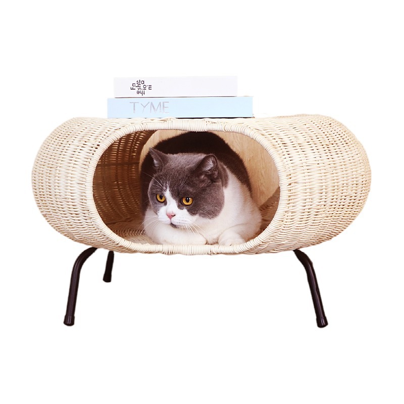 Balcón nórdico patio sala de estar silla de caña ocio redonda mesa de té pequeña mesa de té artesanal tela de caña almacenamiento mascota gato