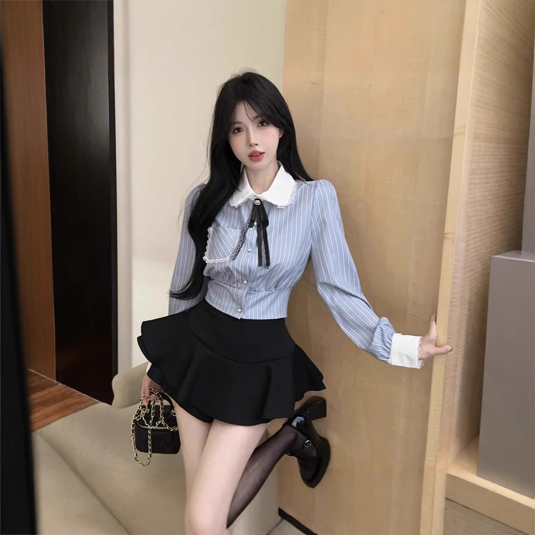 대학 스타일의 작은 신선한 JK 세트 달콤한 줄무늬 긴 소매 나비 넥타이 셔츠 높은 허리 다용도 바지 스커트 2 세트