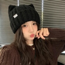 猫耳朵毛线帽子女秋冬季加绒加厚保暖针织帽防寒护耳包头帽大头围
