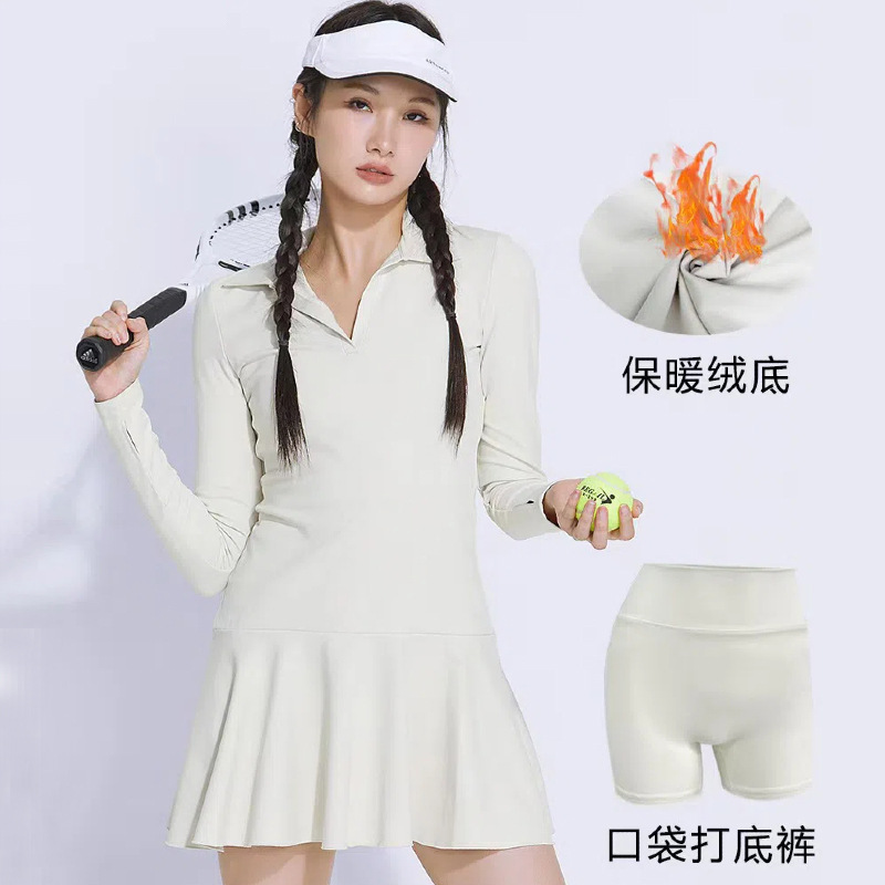 Jinxi Autumn and Winter Warm Velvet Sports Tennis Skirt with Lapel Long Sleeves Anti-Exposure A-Line Skirt Dress for Women New Versatile Style