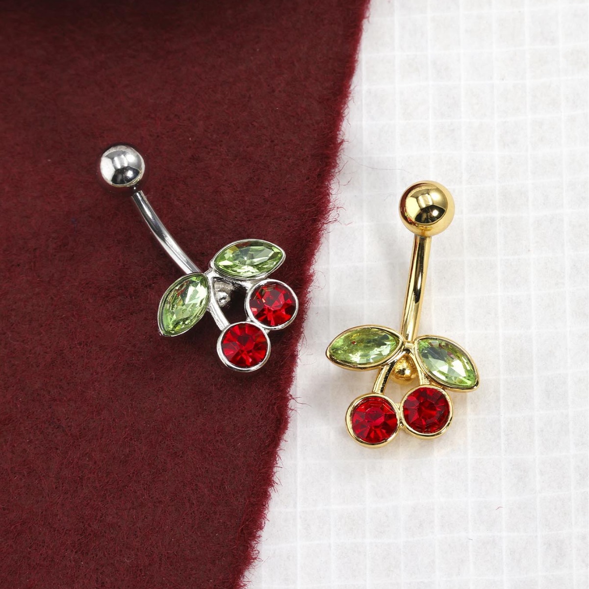 Vente directe d'usine de mode : 1 piercing de nombril style punk en acier inoxydable avec strass et décor cerise rouge. Facile à porter._voghion.com