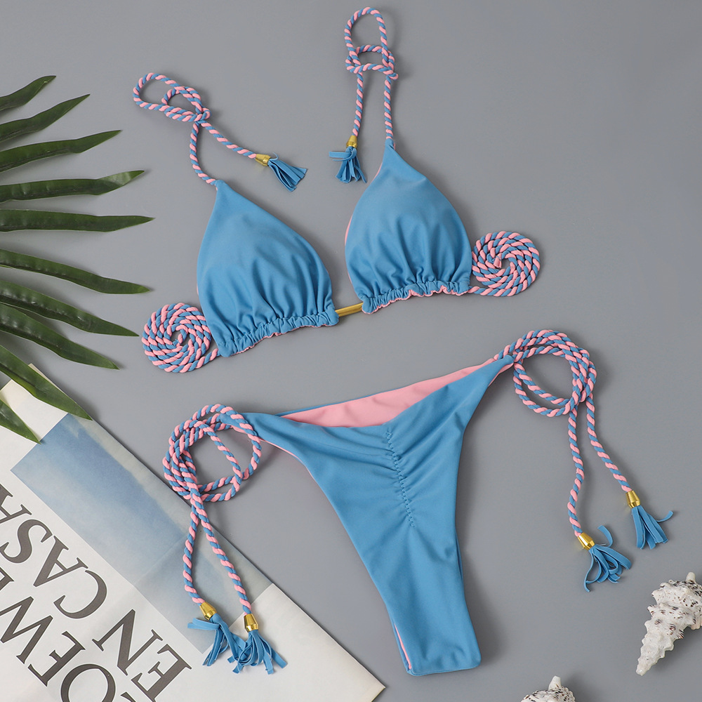 105g Weight Polyester Fabric Type split swimsuit Tops Type Swimming Pool, Beach Occasion Stripe, Solid Color Pattern Women's Gender Drawstring Craft Women's Stripe Solid Color 2 Pieces Set Bikinis Swimwear 9