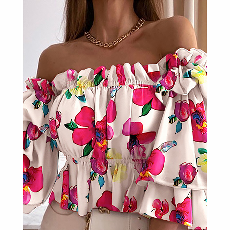 Printed Off Shoulder Ruffle Sleeve Shirt in Blouses & Shirts