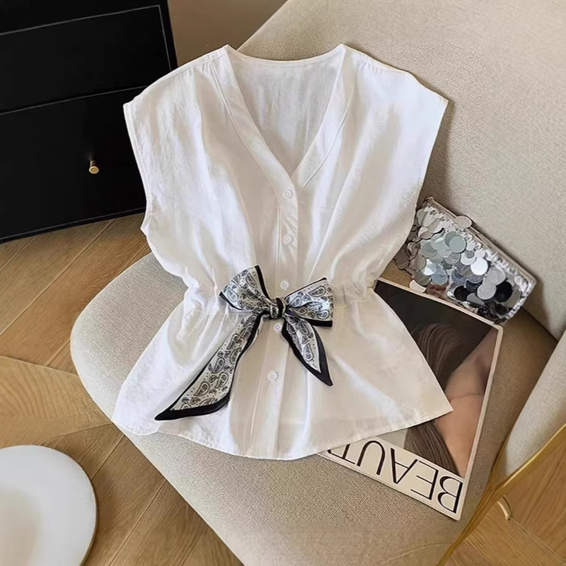 European and American Cross-Border Amazon Spring/Summer French-Style Casual Women's White Sleeveless Shirt, V-Neck, Buttoned, Drawstring European and American Cross-Border Amazon Spring/Summer French-Style Casual Women's White Sleeveless Shirt, V-Neck, Buttoned, Drawstring