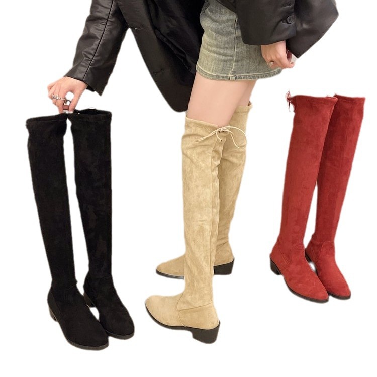 2024 new plus size versatile velvet style knee high fashion pointed thick heel slim elastic long boots_voghion.com
