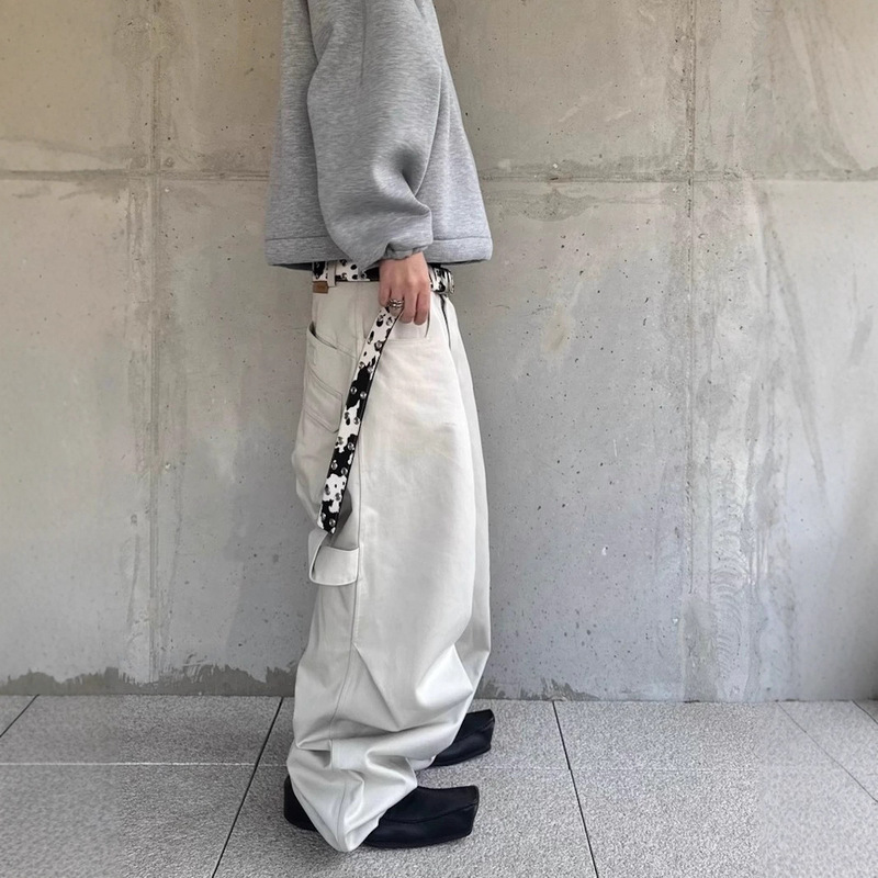自主潮牌复古打褶弯刀阔腿工装裤小众立体口袋廓形baggy休闲长裤|undefined