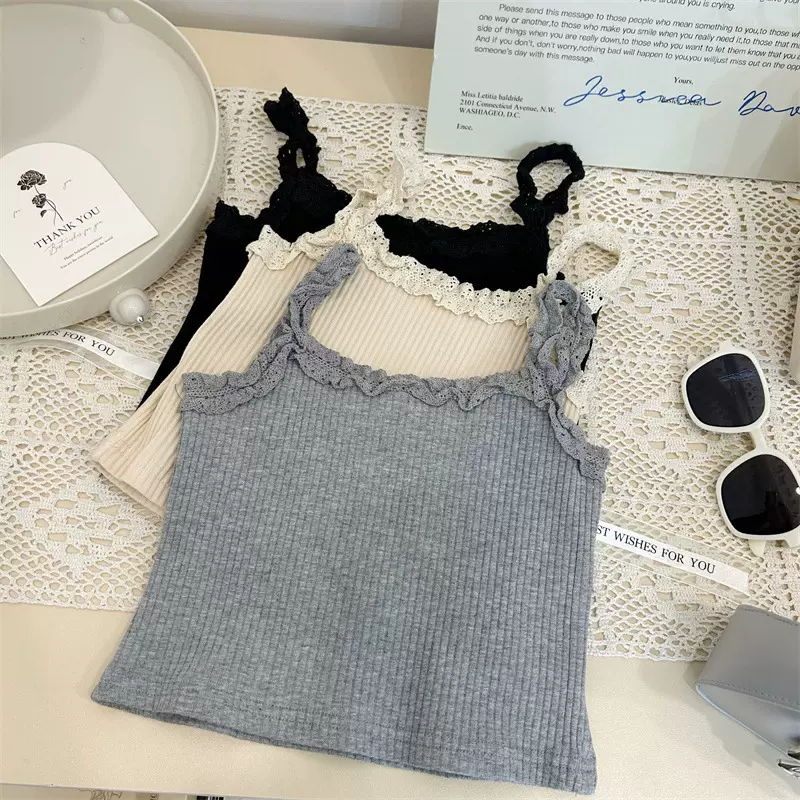 韩版童装2024新款夏季女童花边坑条吊带背心百搭修身薄款打底上衣