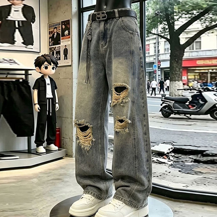 Vintage Blue Ripped Jeans for Men, Summer Thin Style, Washed and Distressed, American High Street Straight-Leg Flared Pants Vintage Blue Ripped Jeans for Men, Summer Thin Style, Washed and Distressed, American High Street Straight-Leg Flared Pants