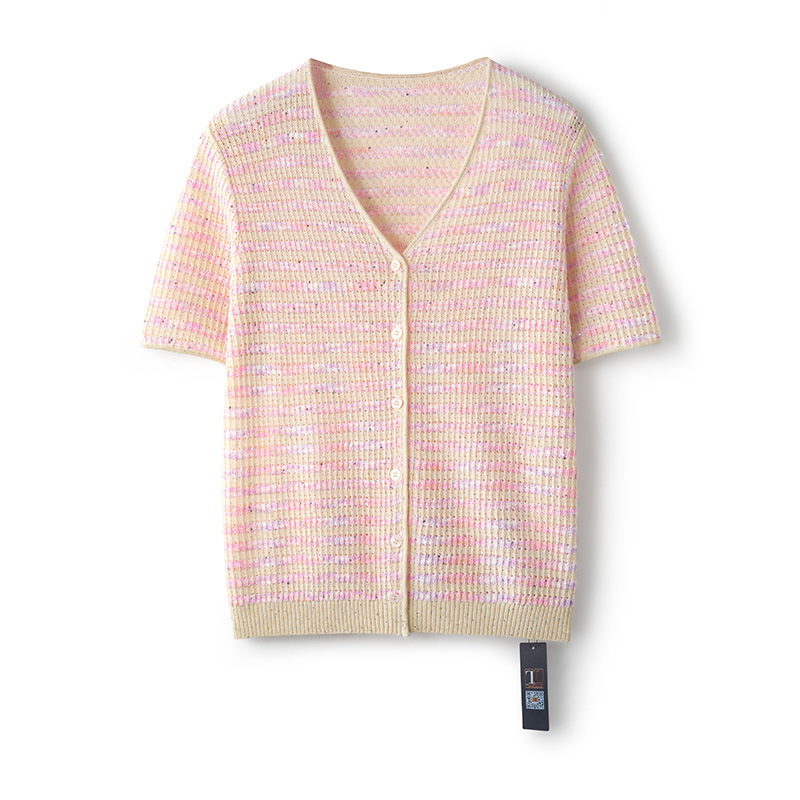 Symphony "Feather Scale Shirt" ~ Herbalife Linen Beads Loose V Neck Short Sleeve Knitted Cardigan Women's 2025 Spring and Summer Style