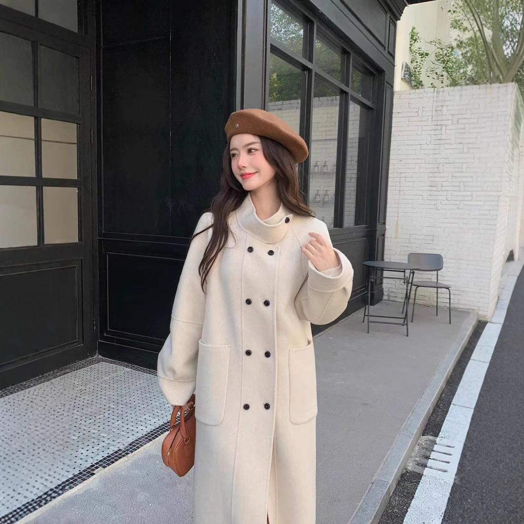 2025 New Double-Sided Cashmere Coat for Women, Classy Stand-Up Collar, Double-Breasted, Loose, Slim and Atmospheric Wool Coat