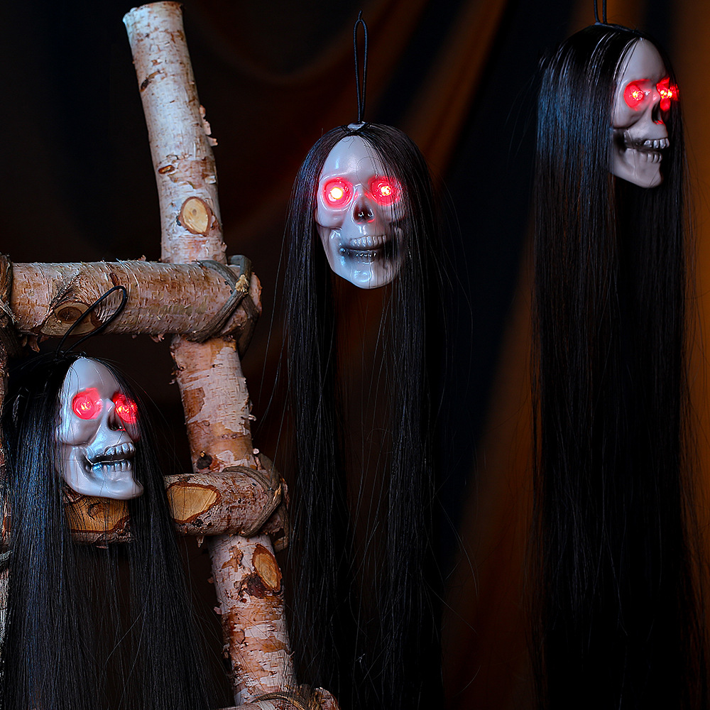 Nuevos productos de Halloween transfronterizos, cabello largo, fantasma, cabeza de fantasma brillante, horror, fantasma colgante, casa embrujada, decoración de escenas, accesorios decorativos