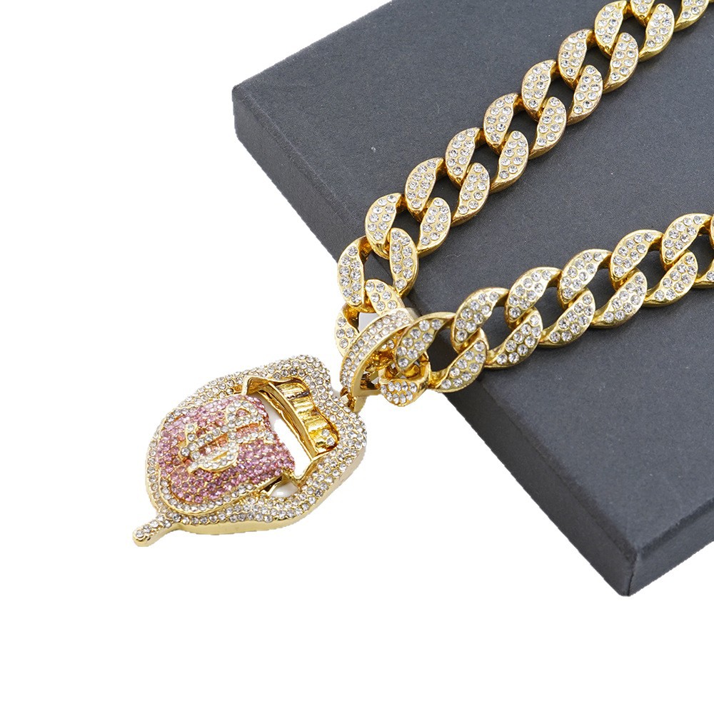 Moneda 3D peculiar de aleación, chica europea y americana, hip-hop, colgante de calavera con lengua, hebilla de reloj con diamantes, cadena cubana para clavícula