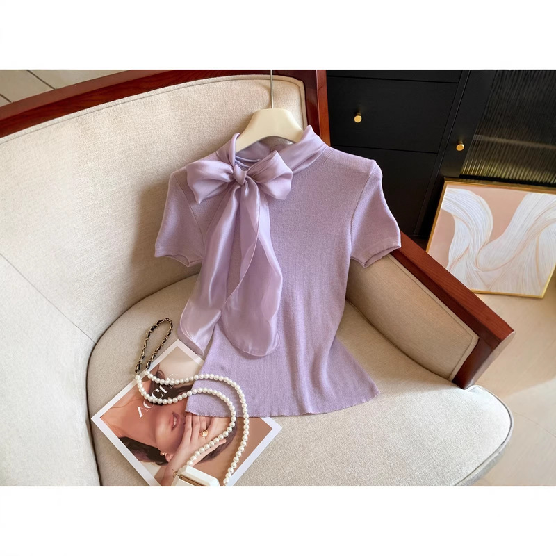 2026 Spring and Summer New Style Bow Tie Collar Pullover Slimming Short-Sleeved Casual Knitwear Top for Women