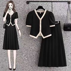 Xiaoxiangfeng ツーピース大きいサイズの女性の服 100kg ファットカバー痩身カーディガン + スカート黒純粋な欲望スーツ