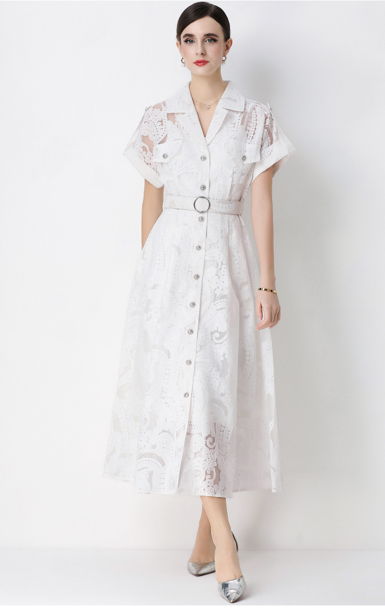 Đầm maxi nữ ren thêu hoa cổ vest cài cúc thắt eo dáng dài thanh lịch — xanh lam, màu trắng, màu vàng chi tiết 15
