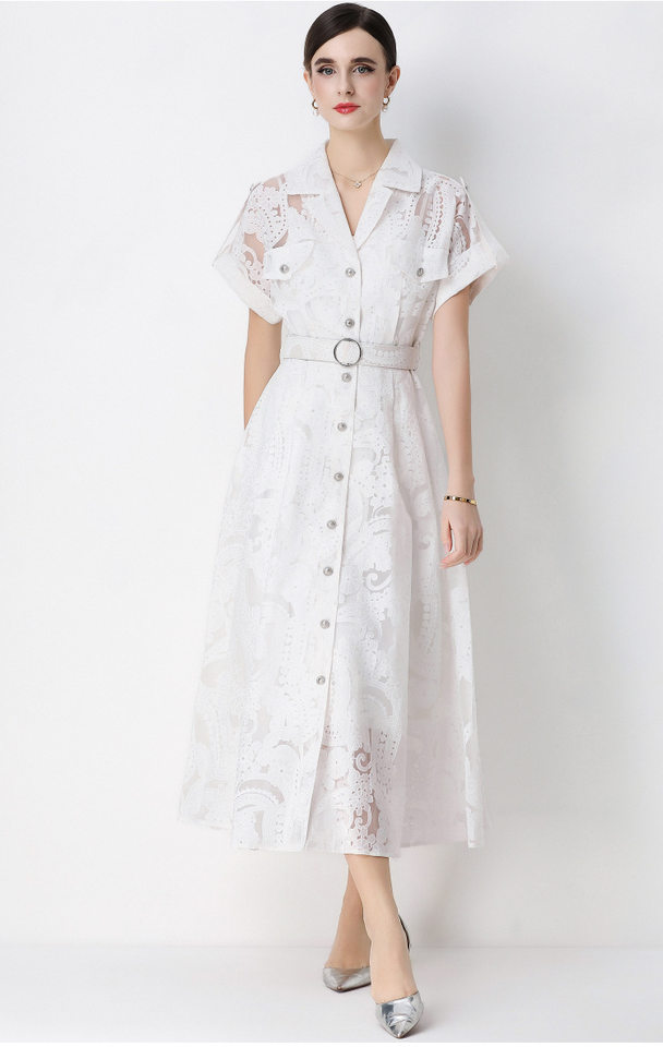 Đầm maxi nữ ren thêu hoa cổ vest cài cúc thắt eo dáng dài thanh lịch — xanh lam, màu trắng, màu vàng chi tiết 15