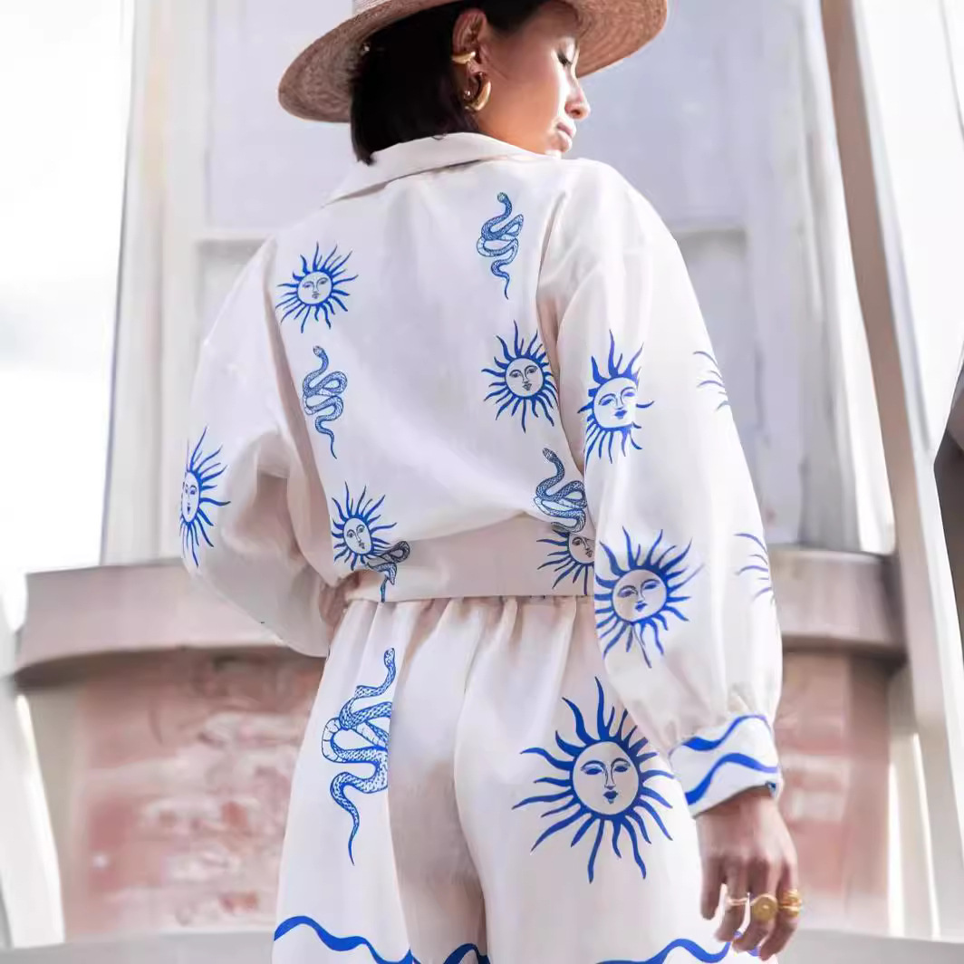 Loose Fit Type Sun, Snake Pattern Summer Season Holiday Women's Casual Sun Snake Linen Polyester Printing Pant Co-ord Set Shorts Sets