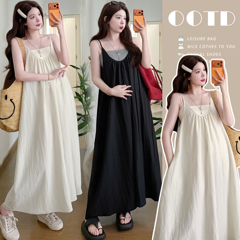 Maternity Dress Summer Cool Two-Piece Set Loose U-Neck Strap Dress + Tube Top with Chest Pads