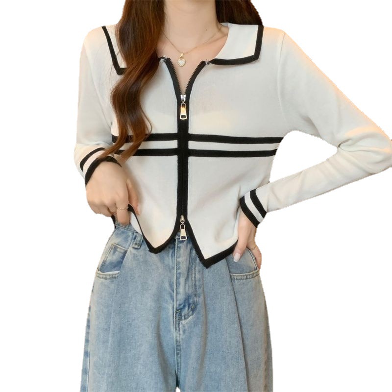 Hong Kong style retro chic versatile short zippered cardigan top for women's autumn new color matching striped polo shirt